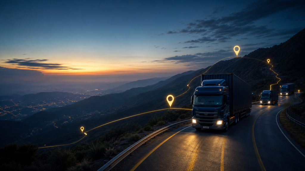 rastreo satelital: camiones de carga en ruta con señales GPS y datos de telemetría