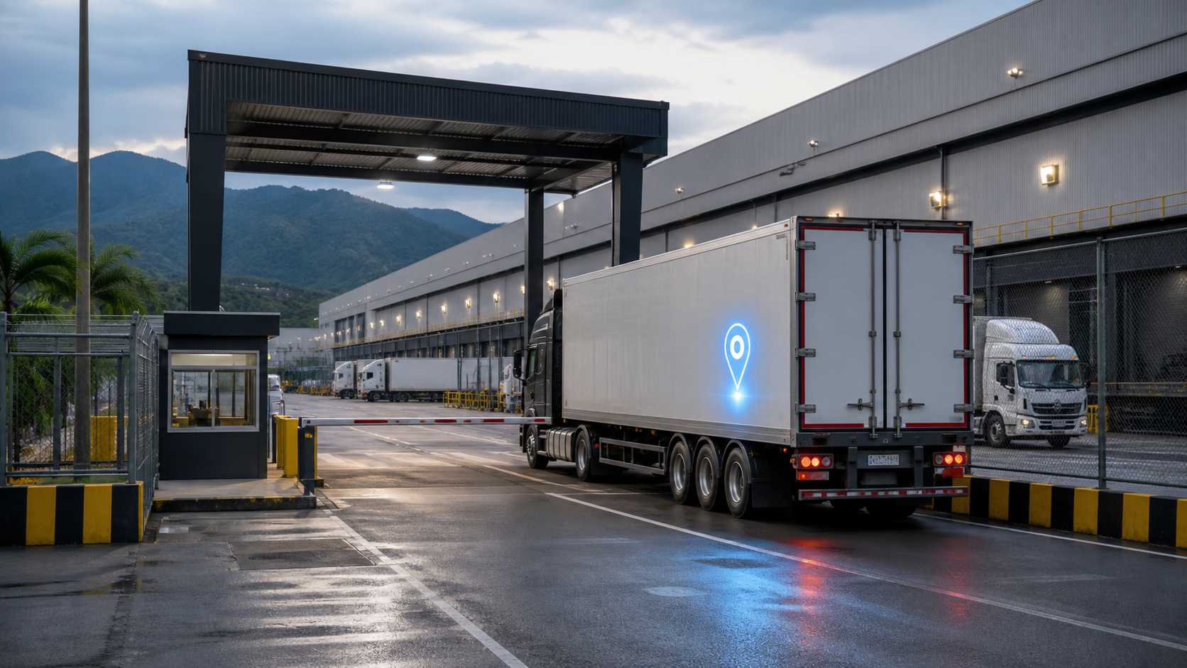controlador de tráfico IA: centro de monitoreo moderno con operador y conexiones de IA sobre rutas de camiones
