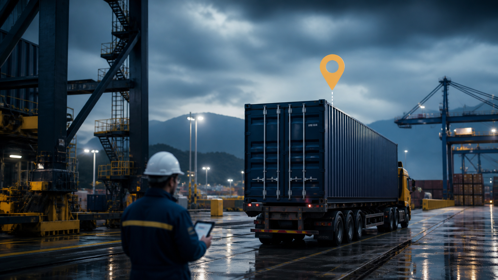 candado GPS para camión: puerta de contenedor con candado inteligente luminoso en operación logística