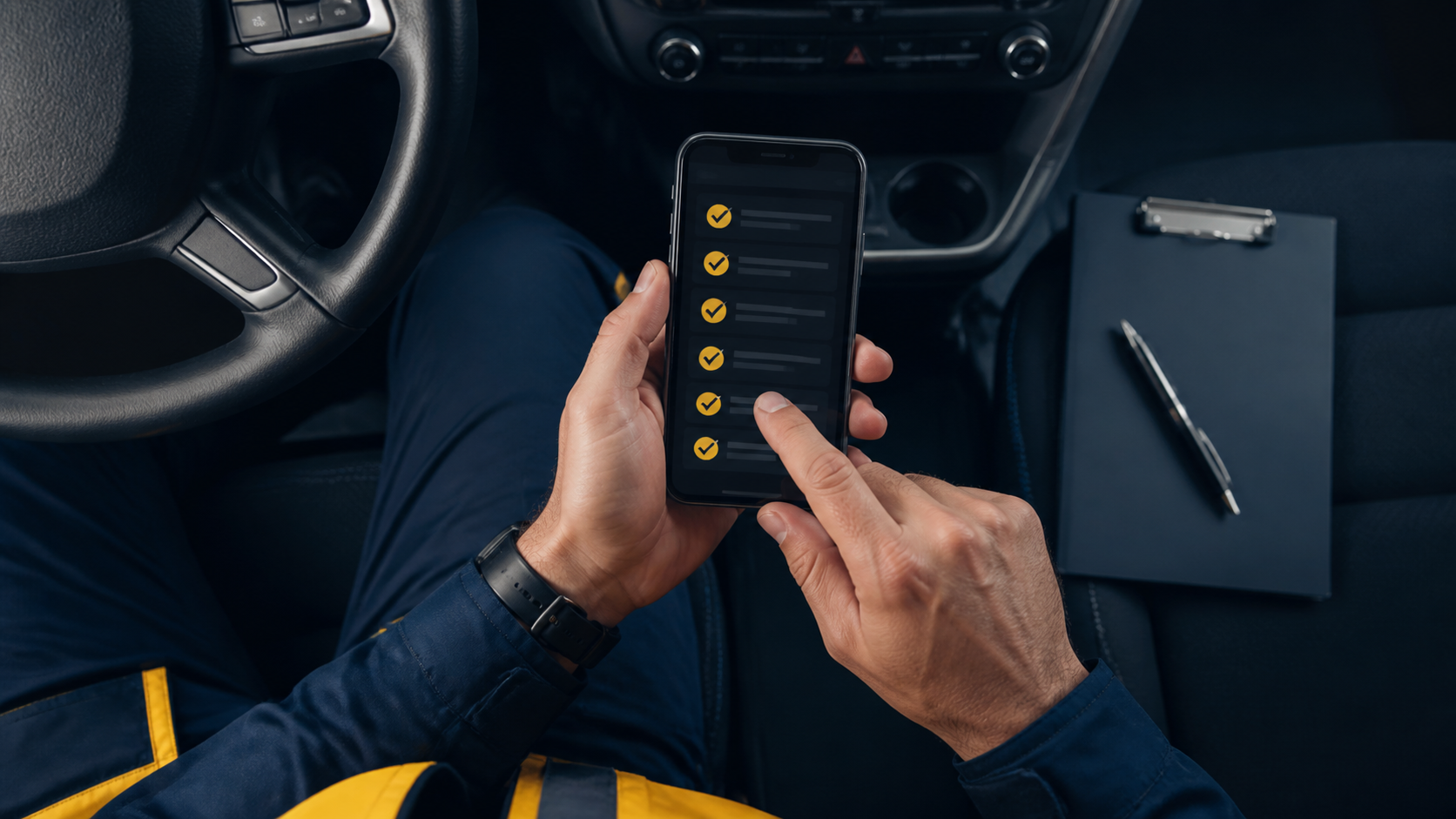 DashCam con inteligencia artificial: cabina de camión con cámara inteligente detectando conducción segura en carretera
