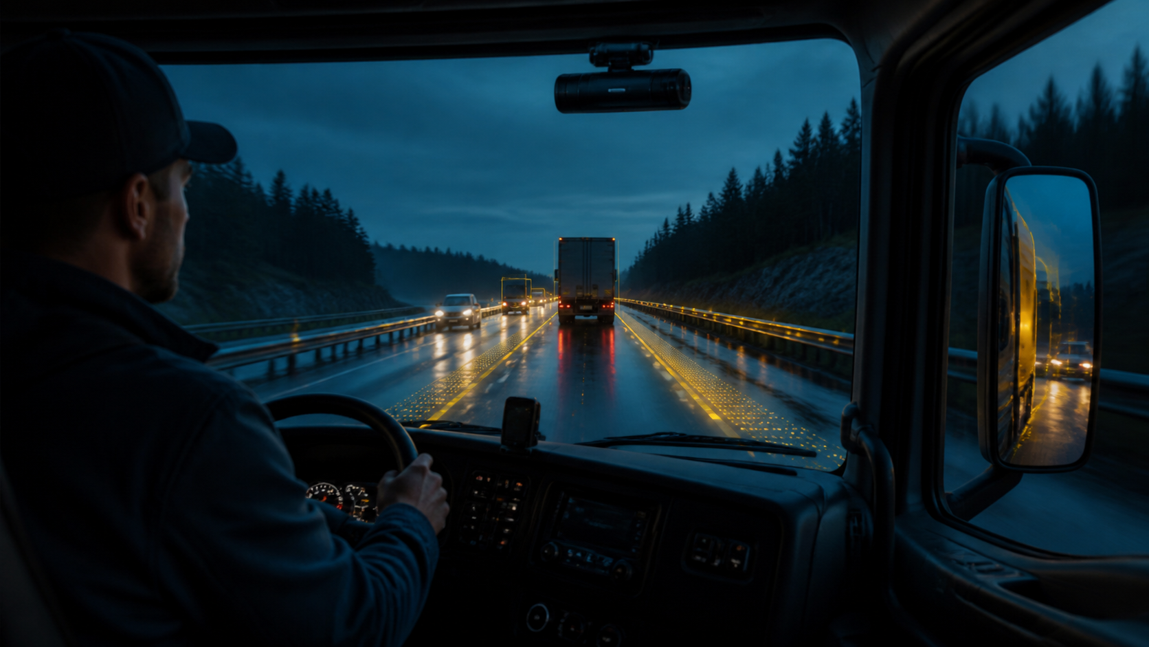 cámara ADAS para camiones: cabina de camión con cámara inteligente detectando conducción segura en carretera